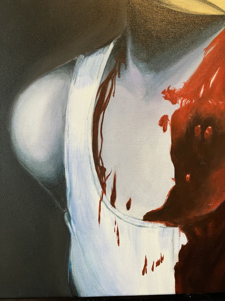 Detail eines Gemäldes von Andreas Schrott: Blutige Comicfigur (Ente) vor schwarzem Hintergrund