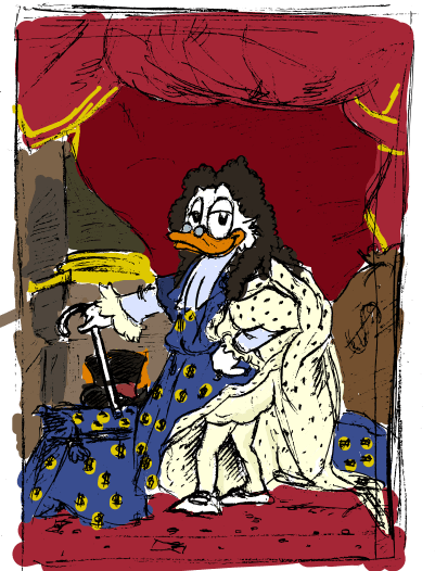 Zeichnung von Andreas Schrott: Dagobert Duck als französischer König Ludwig XIV. (Louis XIV.) vor rotem Vorhang