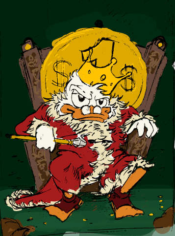 Zeichnung von Andreas Schrott: Dagobert Duck als König auf einem Thron vor dunklem Hintergrund