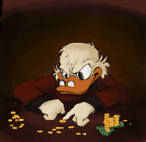 Zeichnung von Andreas Schrott: Dagobert Duck zählt Geld im Stil eines Barockgemäldes vor dunklem Hintergrund