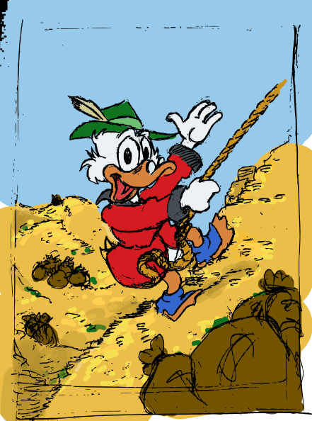 Zeichnung von Andreas Schrott: Dagobert Duck als Bergsteiger auf einem Geldberg mit Tiroler Hut