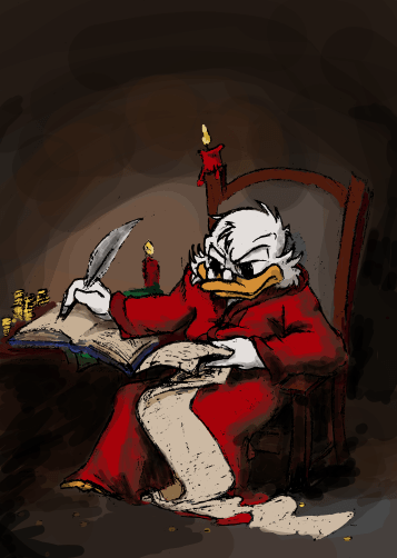 Zeichnung von Andreas Schrott: Dagobert Duck mit Schreibfeder und Papieren vor dunklem Hintergrund im Stil des Heiligen Hieronymus von Caravaggio