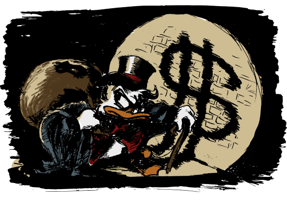 Zeichnung von Andreas Schrott: Dagobert Duck als Dr. Jekyll und Mr. Hyde in einer dunklen Nacht im Scheinwerferlicht mit Dollarzeichen