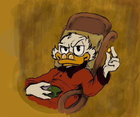 Zeichnung von Andreas Schrott: Dagobert Duck im Liegestuhl mit Geld, im Stil von Frantisek Kupka