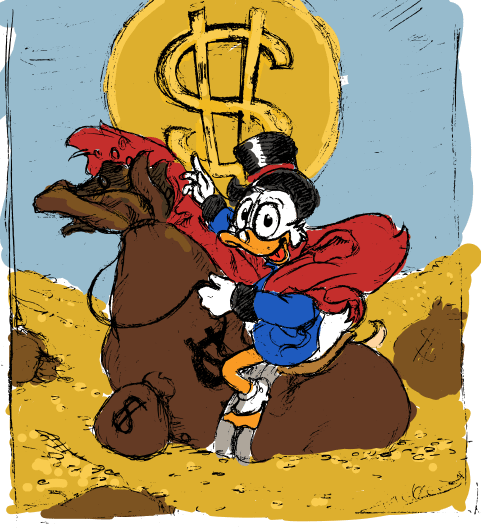 Zeichnung von Andreas Schrott: Dagobert Duck als Napoleon reitet auf einem Geldsack im Geldspeicher
