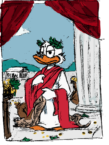 Zeichnung von Andreas Schrott: Dagobert Duck als römischer Kaiser und Imperator