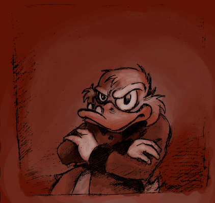 Zeichnung von Andreas Schrott: Portrait von Dagobert Duck in Rot mit rotem Hintergrund