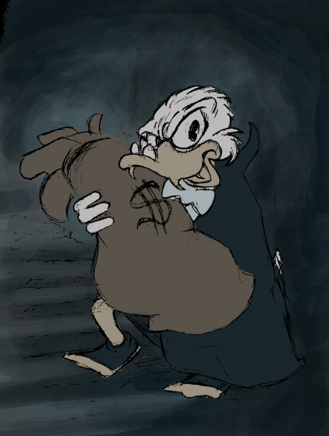 Zeichnung von Andreas Schrott: Dagobert Duck als Vampir Dracula mit einem Geldsack auf einer dunklen Treppe