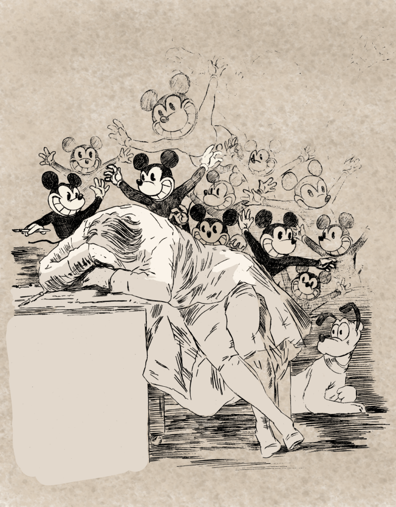 Zeichnung von Andreas Schrott: Parodie auf "Der Schlaf der Vernunft" von Goya mit Micky Maus