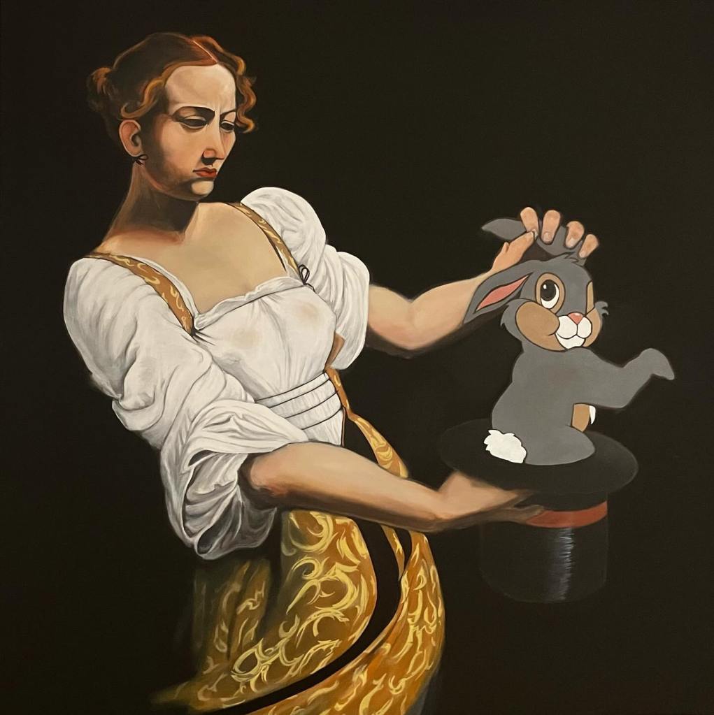 Gemälde von Andreas Schrott: Judith von Caravaggio, zaubert Klopfer von Bambi aus einem Zylinder vor schwarzem Hintergrund