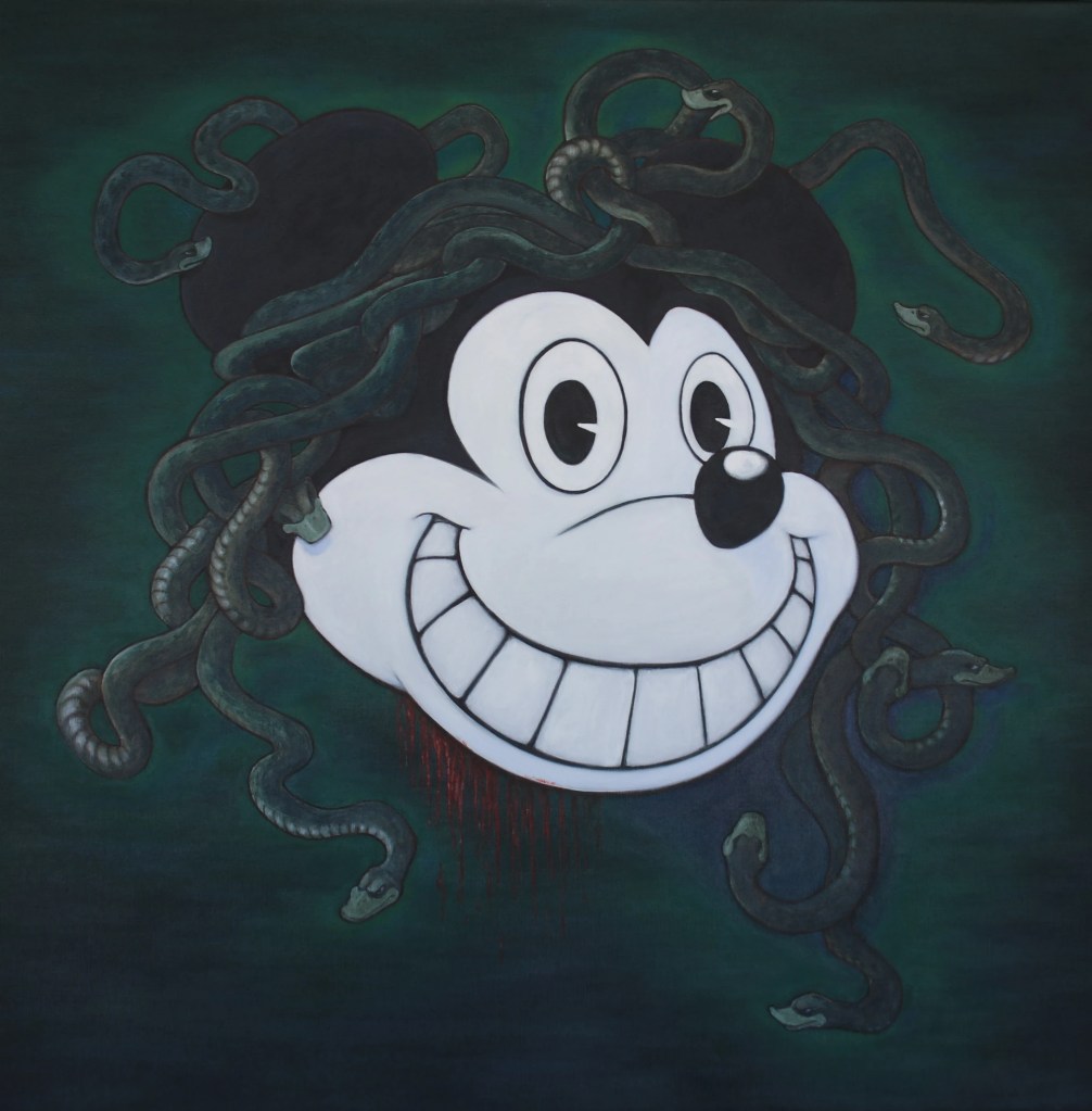 Gemälde von Andreas Schrott (2025): Micky Maus als grinsende, geköpfte Medusa im Stil von Caravaggio