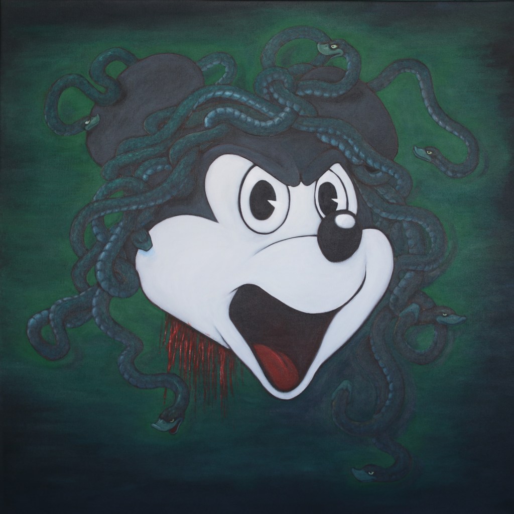 Gemälde in Acryl von Andreas Schrott (2025): Micky Maus als geköpfte, blutende Medusa nach Caravaggio