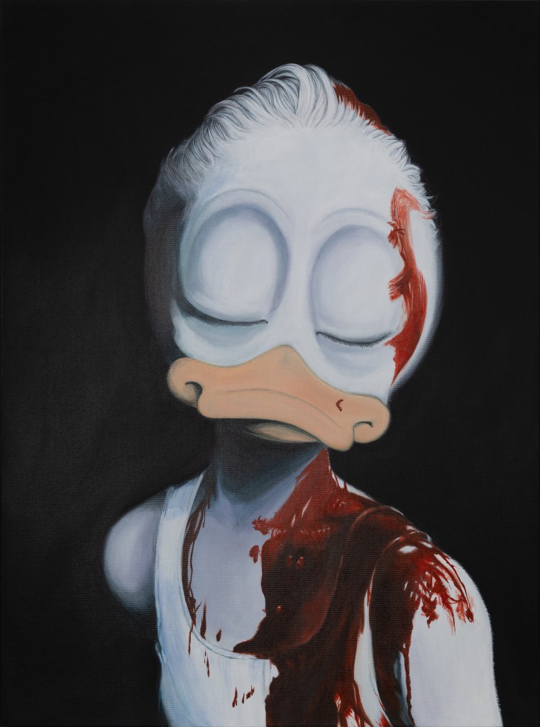 Gemälde von Andreas Schrott: Comic-Ente mit Blut im Stil von Gottfried Helnwein, vor schwarzem Hintergrund