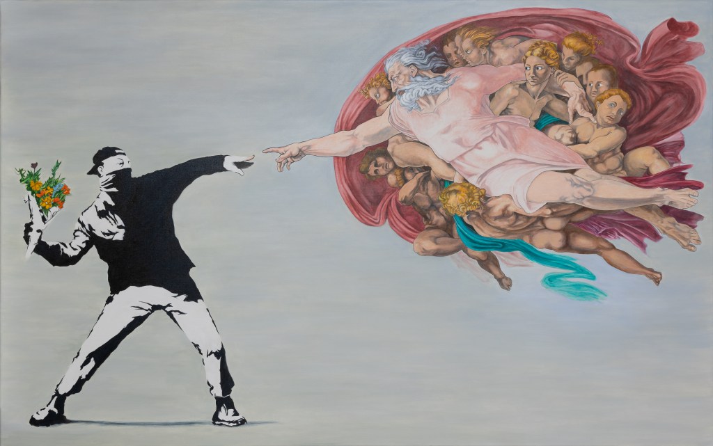 Gemälde von Andreas Schrott (2025): Gegenüberstellung von Banksys 'Flower Thrower' und Michelangelos Gottesdarstellung in Acryl
