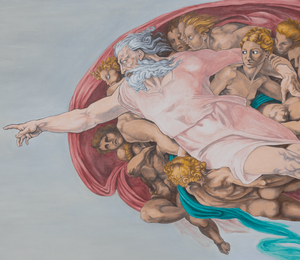 Gemälde von Andreas Schrott: Acrylgemälde mit "Flower Thrower" von Banksy und Gott von Michelangelo, Detail