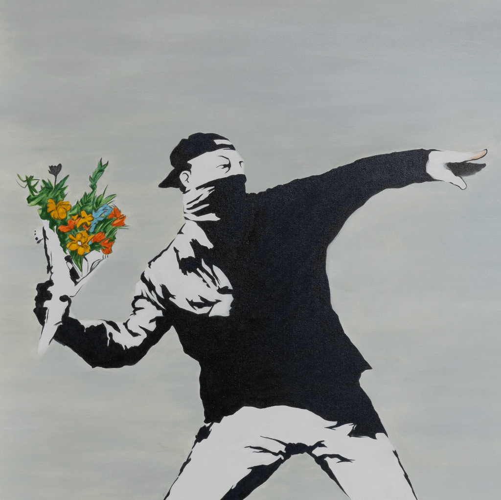 Gemälde von Andreas Schrott: Acrylgemälde mit "Flower Thrower" von Banksy und Gott von Michelangelo, Detail