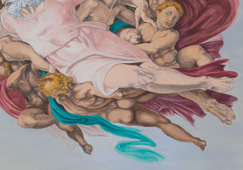 Gemälde von Andreas Schrott: Acrylgemälde mit "Flower Thrower" von Banksy und Gott von Michelangelo, Detail