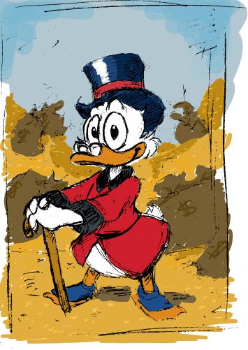 Zeichnung von Andreas Schrott: Dagobert Duck im Geldspeicher