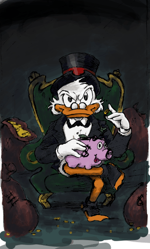 Zeichnung von Andreas Schrott: Dagobert Duck als Mafiapate mit Sparschwein im Schoss, als Parodie auf Marlon Brando